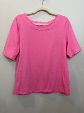 Talbots Women's Pima Cotton Scalloped Neck Pink Elbow Sleeve Pink Top Size L